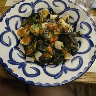 Seafood linguini with squid ink sauce