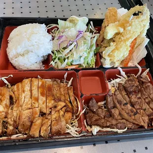 Chicken and beef teriyaki bento