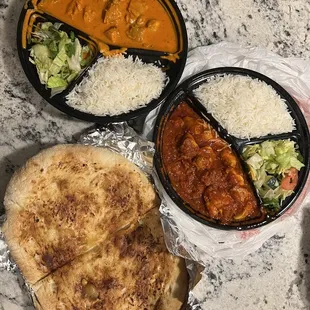Top to bottom: Butter Chicken, Chicken Korma (spicy), Garlic Bread. All delicious!
