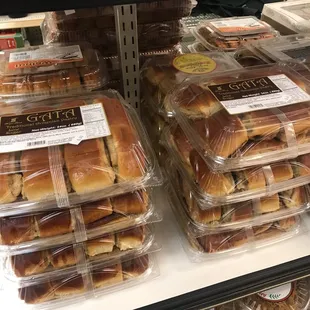 a display of bread rolls