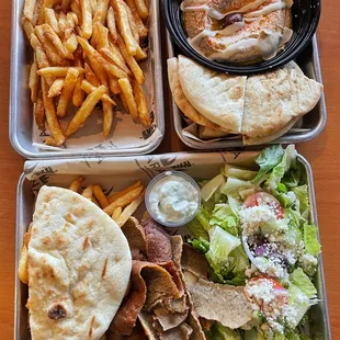 Lunch dining-in. Massive-sized platters -Gyro Plate, French Fries, &amp; Hummus.