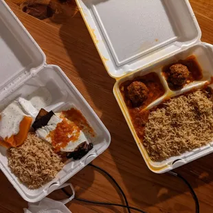 two takeout containers of food on a table