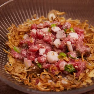 Yuk-Hwe - Beef Tartare with Blanched Baby Octopus, Seaweed Mayo, Crispy Onion