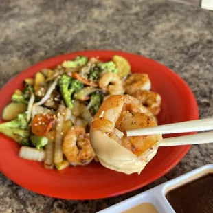 Shrimp hibachi plate with 1 of their 6 sauces!