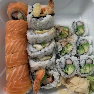 Orange blossom roll, shrimp tempura roll, California roll