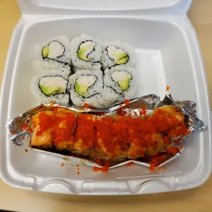 California roll on top and Lion king roll on bottom
