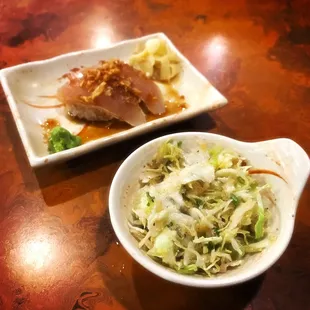 I enjoyed the albacore sushi and cabbage salad.