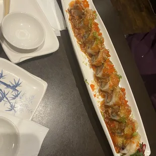 a long platter of sushi