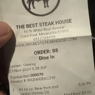 Receipt that I ordered New York strip