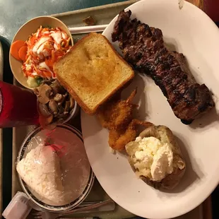 New York strip monthly special with three shrimp salad pie mushrooms were extra and a soda was included. Awesome !!