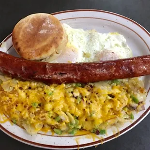 HUGE breakfast  Polish Sausage, hash browns with cheese onions and peppers, two eggs and toast !