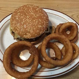 Philly burger with onion rings