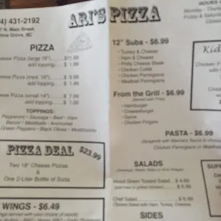 the menu for the restaurant