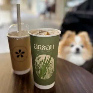 (L) Phin Nấu Cà Phê/Phin Brown: Robusta w/ condensed milk ($6.95) + (R) Trà Xanh Lá Dứa Sữa: Pandan Green Milk Tea ($8.25)
