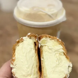 Cross section of Sweet Corn Choux au Craquelin (Bánh Su Kem Bắp); Back: Sweet Corn Latte (Latte Kem Bắp).