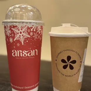 Left: Woody Black Tea (Trà Đen Thân Gỗ Sữa); Right: Sweet Corn Latte (Latte Kem Bắp).
