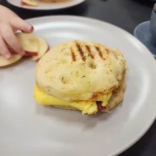Breakfast sandwich on focaccia.