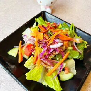 a plate of salad with carrots, cucumbers, and lettuce