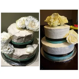 Left: $145, tasted a dime size &amp; was disgusting! Right: smoothed &amp; decor repositioned to be a display cake only! Leiticia, your a crook!!!!!