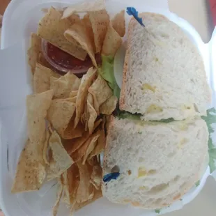 Tuna sandwich with chips &amp; salsa - enough for 2 meals! :-)