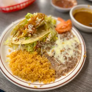Crunchy Shredded Beef Tacos with Rice, Beans