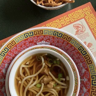 Chicken noodle soup and crispy noodles