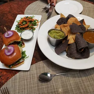 Lamb sliders , chips, salsa and guacamole
