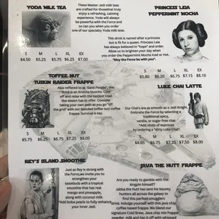 Drink menu with Star Wars character names