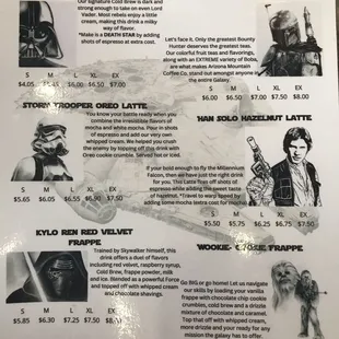 Drink menu with Star Wars character names