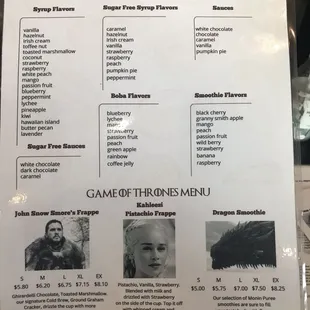 Menu - GOT &amp; list of all sauce, syrup, boba, smoothie flavor, options
