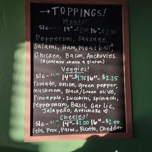 The pizza toppings list on the wall