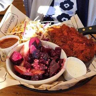 Hot Chicken Sandwich, awesome beet, bleu, apple salad.