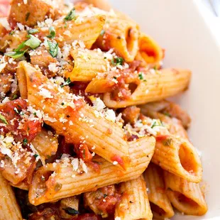 Penne Rigati with Italian Meat Marinara and a Blend of Italian Cheese, topped with Parmesan.