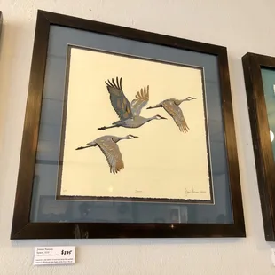 Majestic Sandhill Cranes headed out. Silkscreen print on linen by Jennie Noreen.