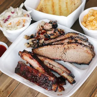 Ribs, brisket, slaw, Mac n cheese ,