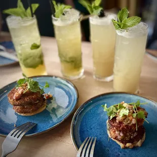 Fried Green Tomato appetizer with Passion Fruit Mojitos and Deconstructed Pina Coladas