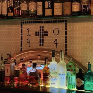 bottles of liquor on a bar counter