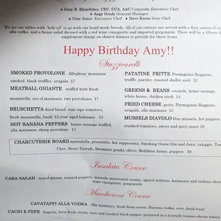 Birthday menu