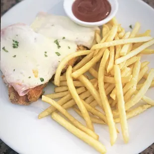 a plate of french fries and a sandwich