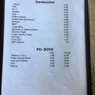 a menu for sandwiches
