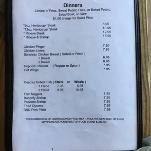 a menu for dinner