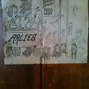 a drawing of a group of people sitting at a table