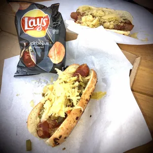 a hot dog and chips