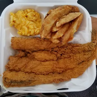 7-11-2017 Trout, Western Fries &amp; Mac n Cheese Trout was huge, fresh and tasty. Western Fries... yummy! Mac n Cheese was safe... bland.