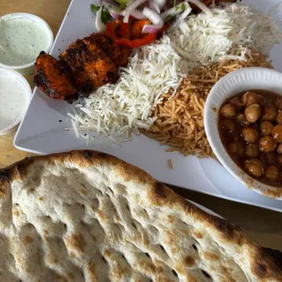 Chicken Kabob Chickpeas Rice Naan Tzatziki Sauce