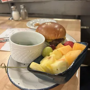 Burger and fruit bowl