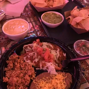 Chicken Enchilada plate, Chile Con Queso Dip &amp; Chips, Guacamole &amp; Chips