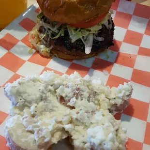 Armadillo Burger w/ Blue Cheese and Red Skin Potato Salad.
