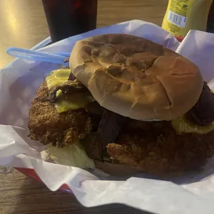 Chicken Fried Chicken Sandwich, with added bacon and cheese (over $3 addition)