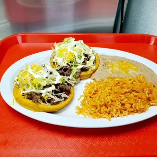 carne asada sopes with rice and beans